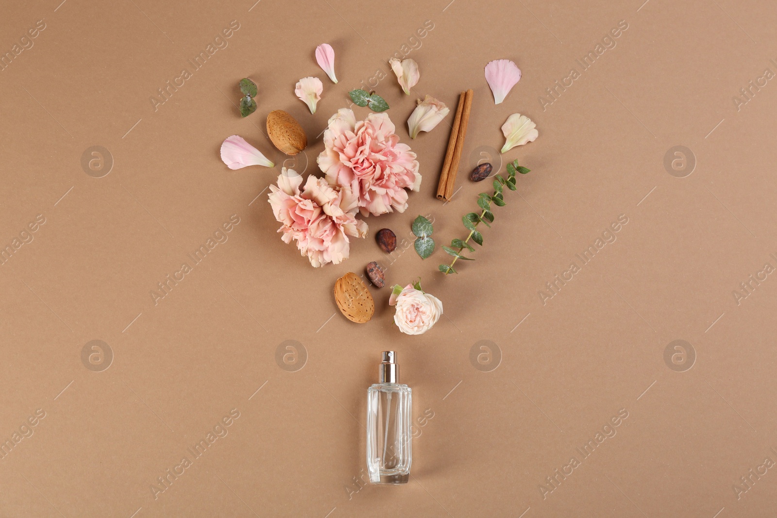 Flat lay composition with bottle of perfume on light brown background Photo of Flat lay composition with bottle of perfume on light brown background