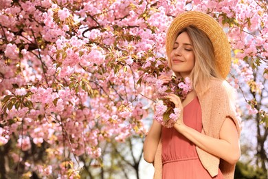 Happy stylish young woman near blossoming sakura tree outdoors. Spring look Photo of Happy stylish young woman near blossoming sakura tree outdoors. Spring look