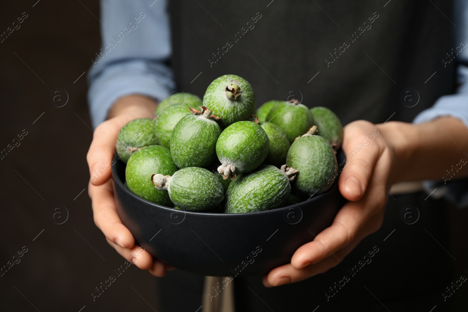 Woman holding fresh green feijoa fruits in bowl on dark background, closeup Photo of Woman holding fresh green feijoa fruits in bowl on dark background, closeup