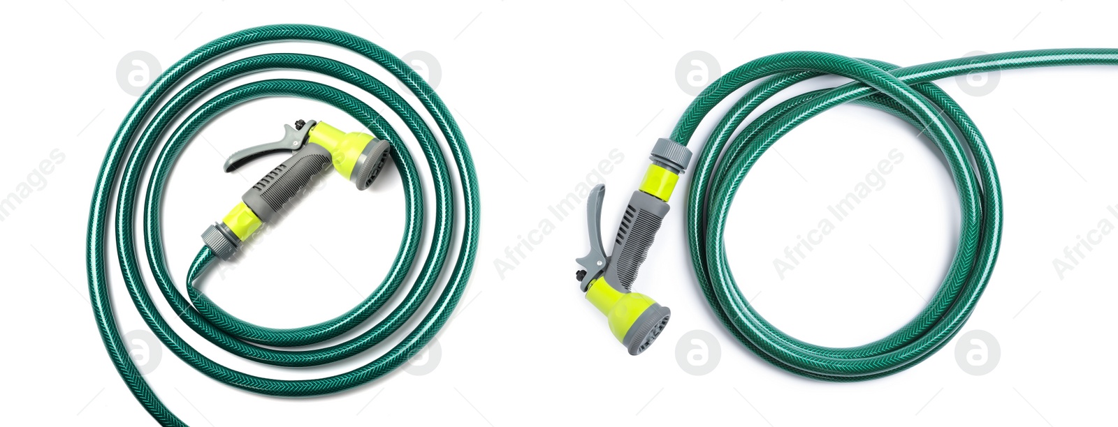 Green rubber watering hoses on white background, top view. Banner design Image of Green rubber watering hoses on white background, top view. Banner design
