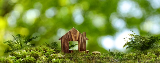 Eco friendly home. House model and coins on green grass outdoors, banner design Image of Eco friendly home. House model and coins on green grass outdoors, banner design