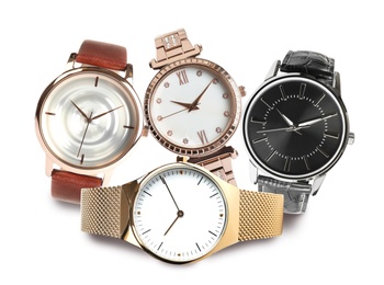 Collage of stylish watches on white background Image of Collage of stylish watches on white background