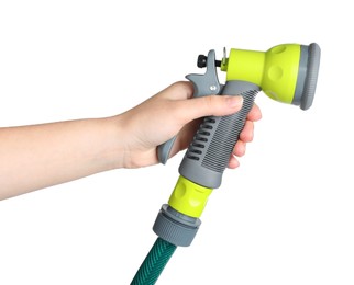 Woman holding watering hose with sprinkler on white background, closeup Photo of Woman holding watering hose with sprinkler on white background, closeup