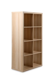 Empty wooden shelving unit isolated on white Photo of Empty wooden shelving unit isolated on white
