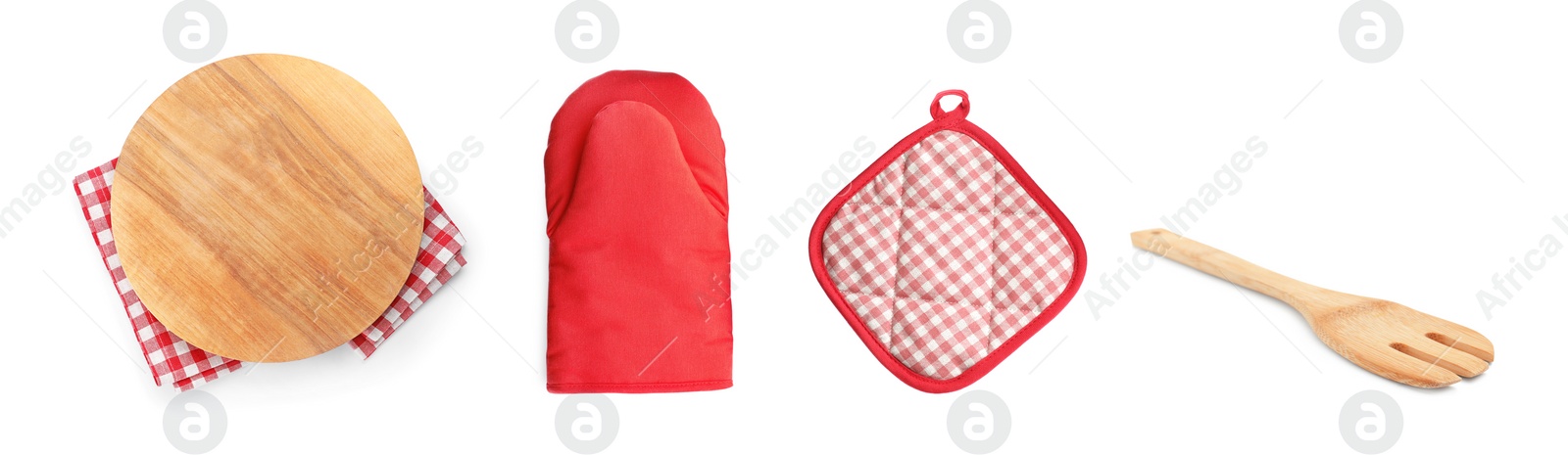 Set with different kitchen utensils and oven glove on white background. Banner design Image of Set with different kitchen utensils and oven glove on white background. Banner design