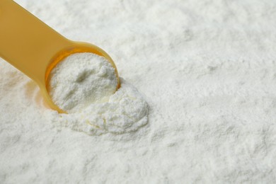 Powdered infant formula and scoop, closeup with space for text. Baby milk Photo of Powdered infant formula and scoop, closeup with space for text. Baby milk