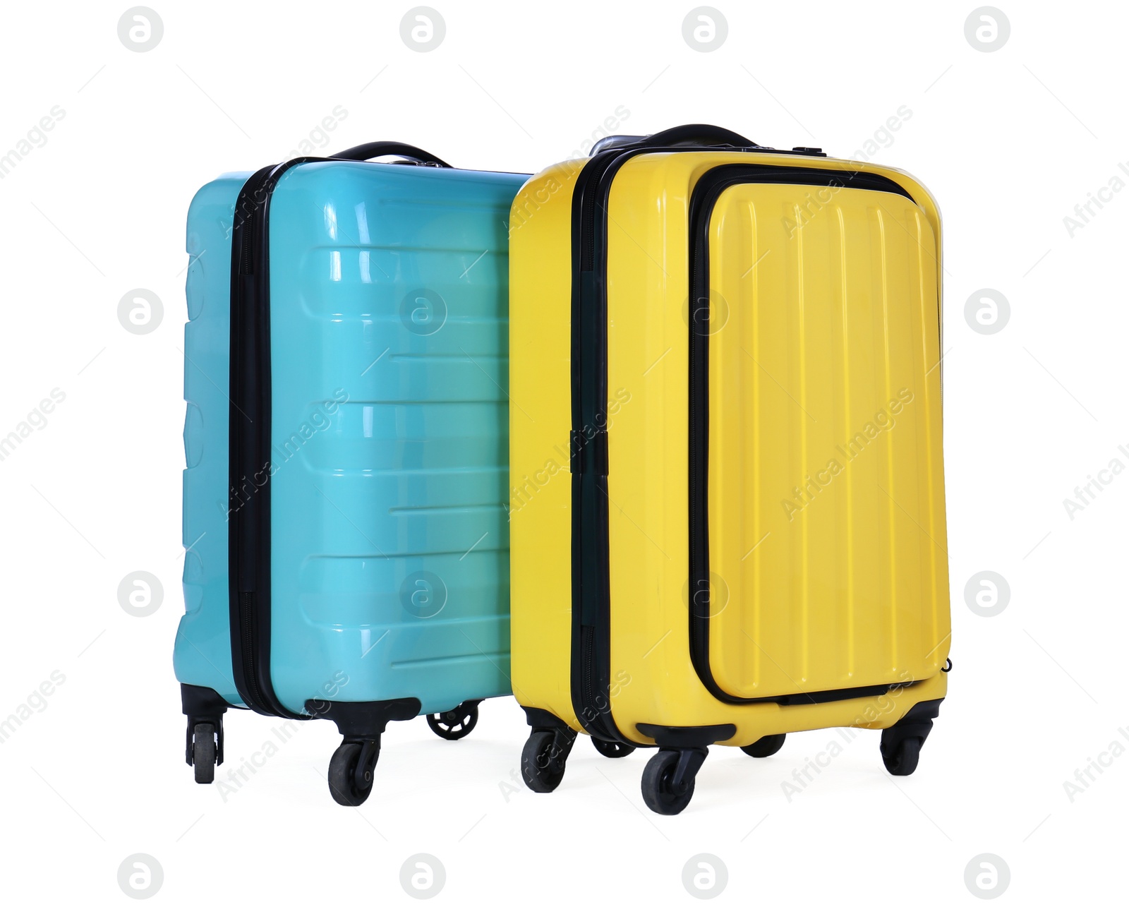 Stylish suitcases packed for travel on white background. Summer vacation Photo of Stylish suitcases packed for travel on white background. Summer vacation