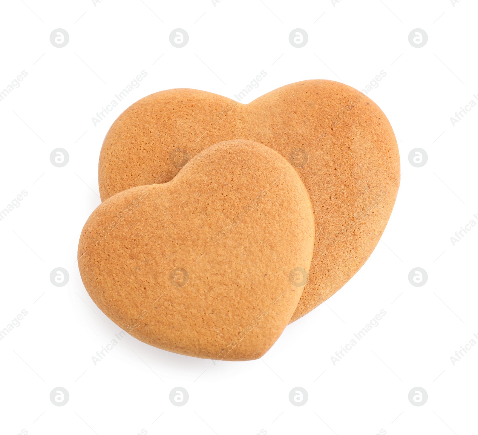 Tasty heart shaped gingerbread cookies isolated on white, top view Photo of Tasty heart shaped gingerbread cookies isolated on white, top view