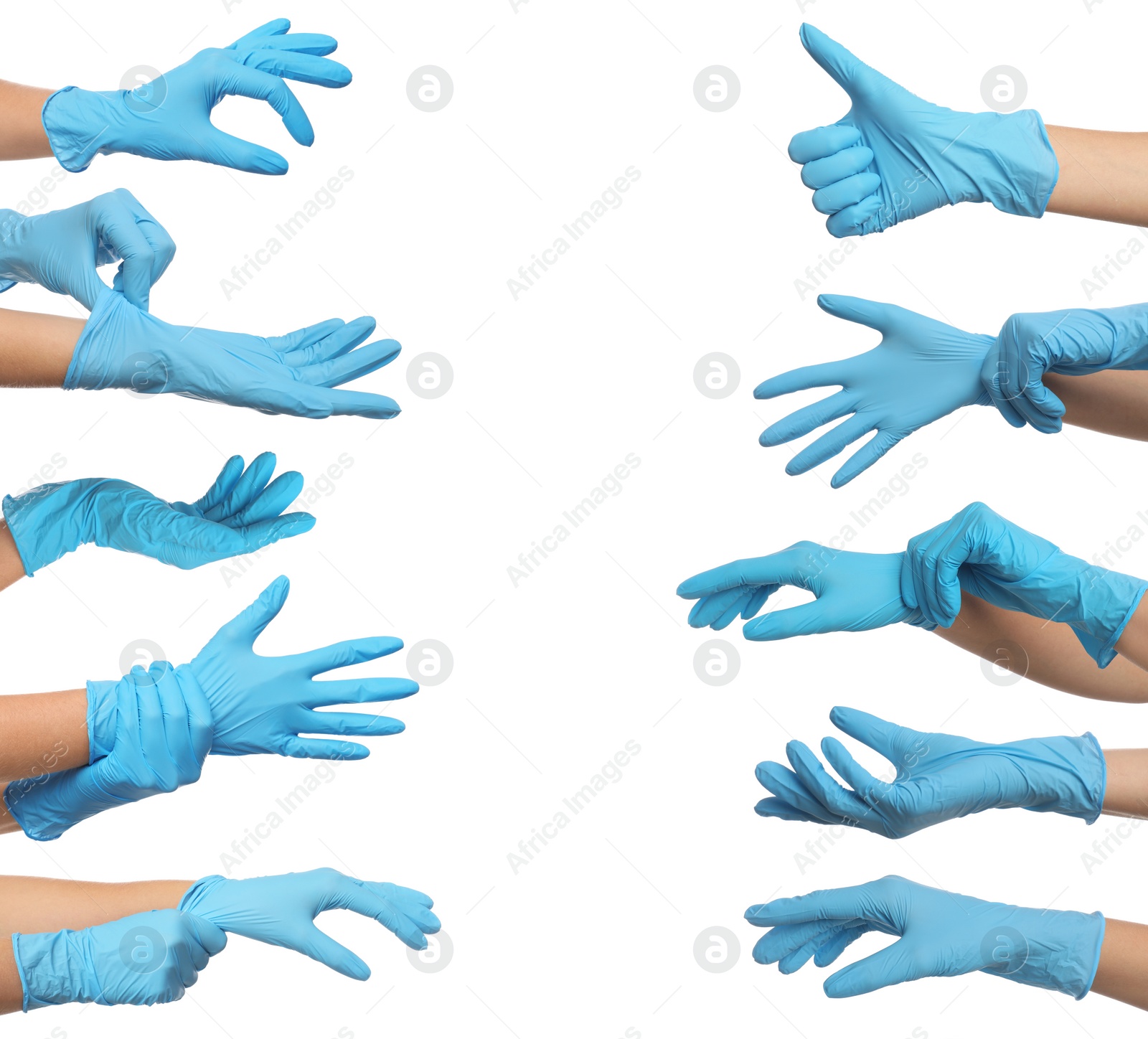 Collage with photos of woman wearing medical gloves on white background, closeup Image of Collage with photos of woman wearing medical gloves on white background, closeup