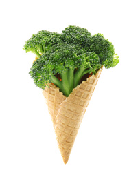 Fresh broccoli in wafer cone isolated on white Photo of Fresh broccoli in wafer cone isolated on white