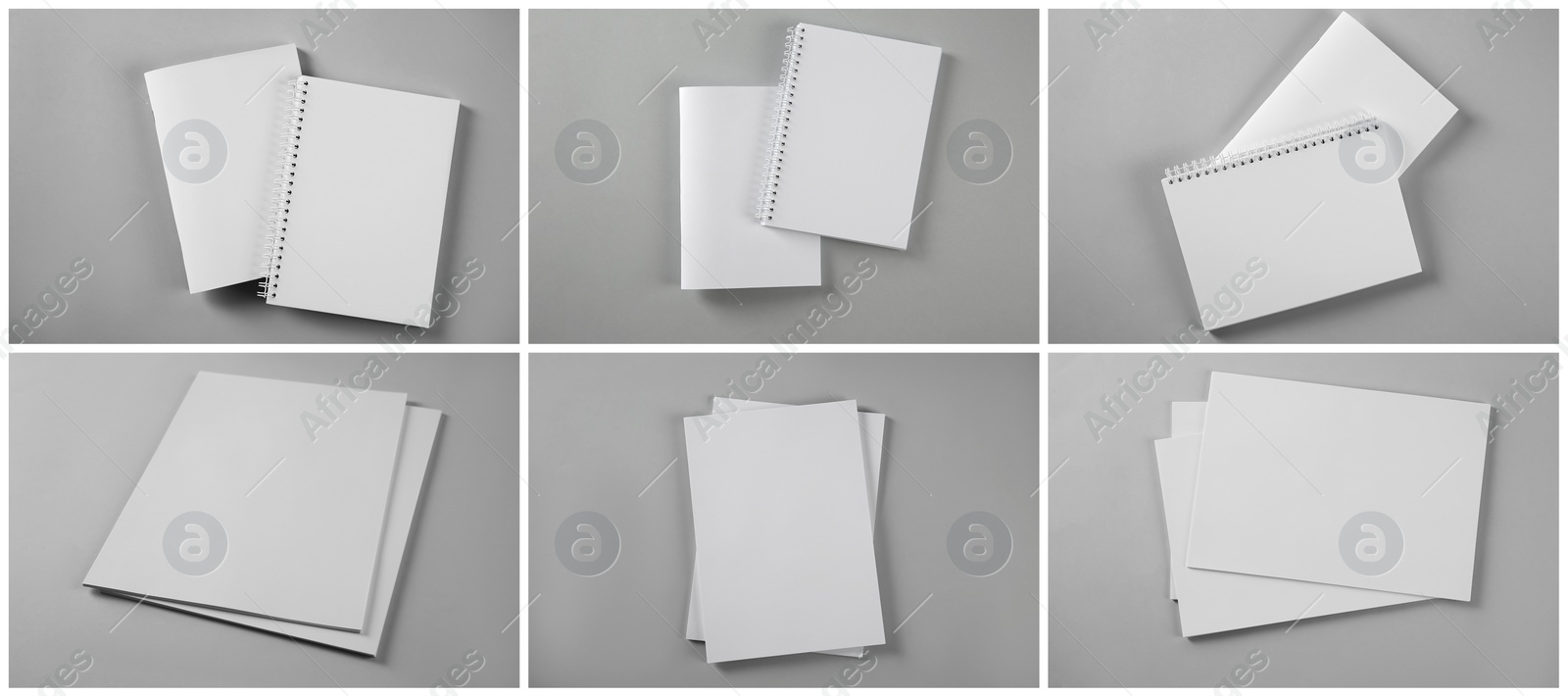 Open blank brochures on grey background, collage. Banner design Image of Open blank brochures on grey background, collage. Banner design