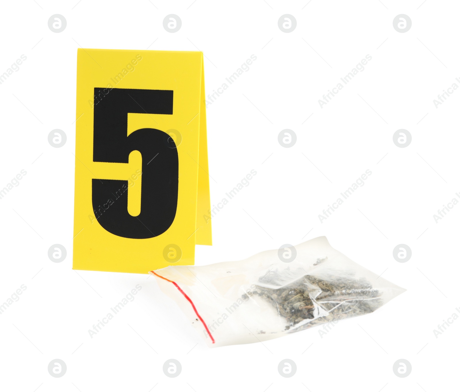 Plastic bag with cannabis and crime scene marker with number five isolated on white Photo of Plastic bag with cannabis and crime scene marker with number five isolated on white
