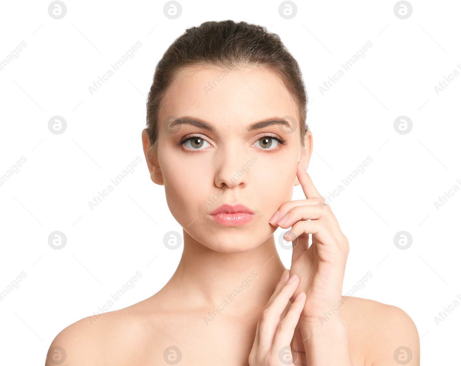 Young woman with beautiful makeup on white background. Professional cosmetic products Photo of Young woman with beautiful makeup on white background. Professional cosmetic products