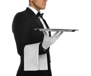 Elegant butler holding silver tray isolated on white, closeup Photo of Elegant butler holding silver tray isolated on white, closeup