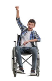 Emotional teen boy in wheelchair on white background Photo of Emotional teen boy in wheelchair on white background