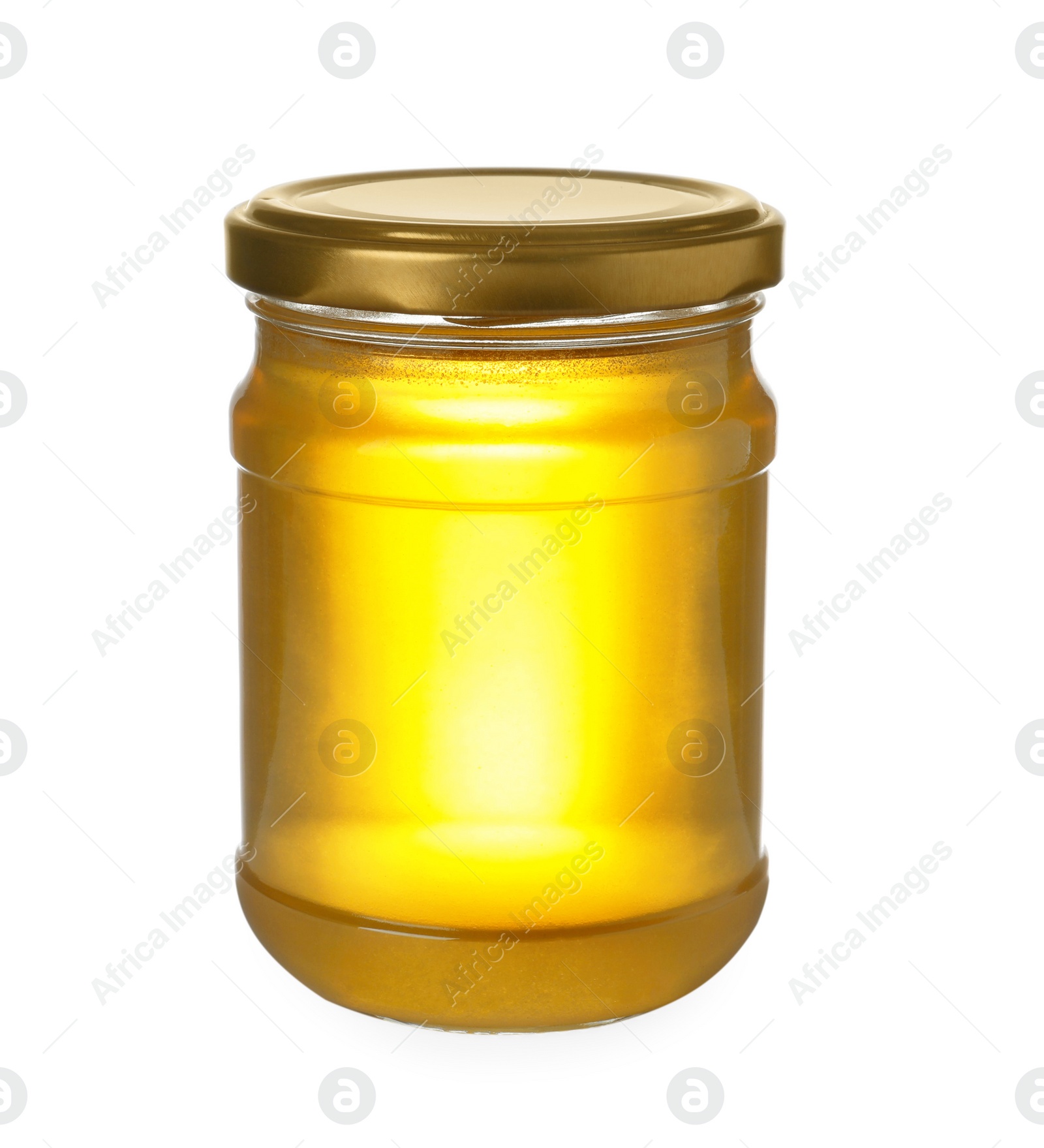 Jar with organic honey isolated on white Photo of Jar with organic honey isolated on white