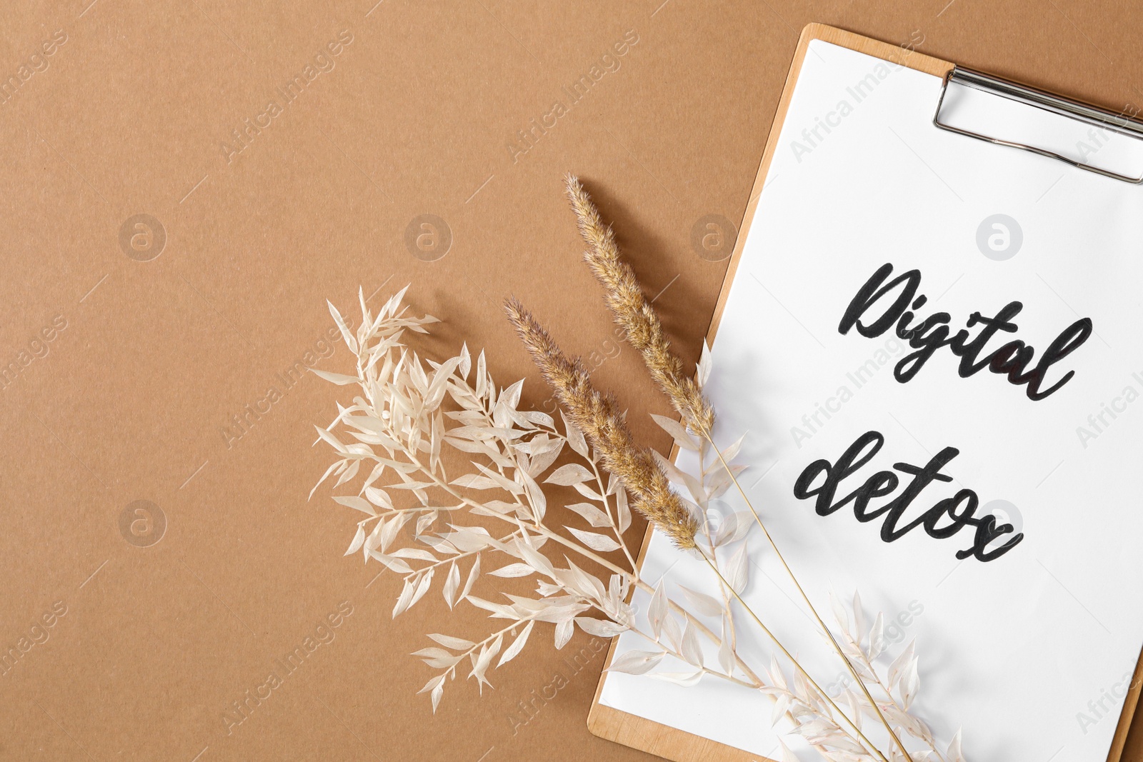 Clipboard with phrase DIGITAL DETOX and spikelets on brown background, flat lay. Space for text Photo of Clipboard with phrase DIGITAL DETOX and spikelets on brown background, flat lay. Space for text