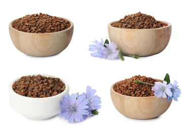 Set with chicory granules in bowls on white background Image of Set with chicory granules in bowls on white background