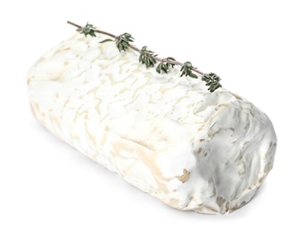 Delicious fresh goat cheese with thyme on white background Photo of Delicious fresh goat cheese with thyme on white background