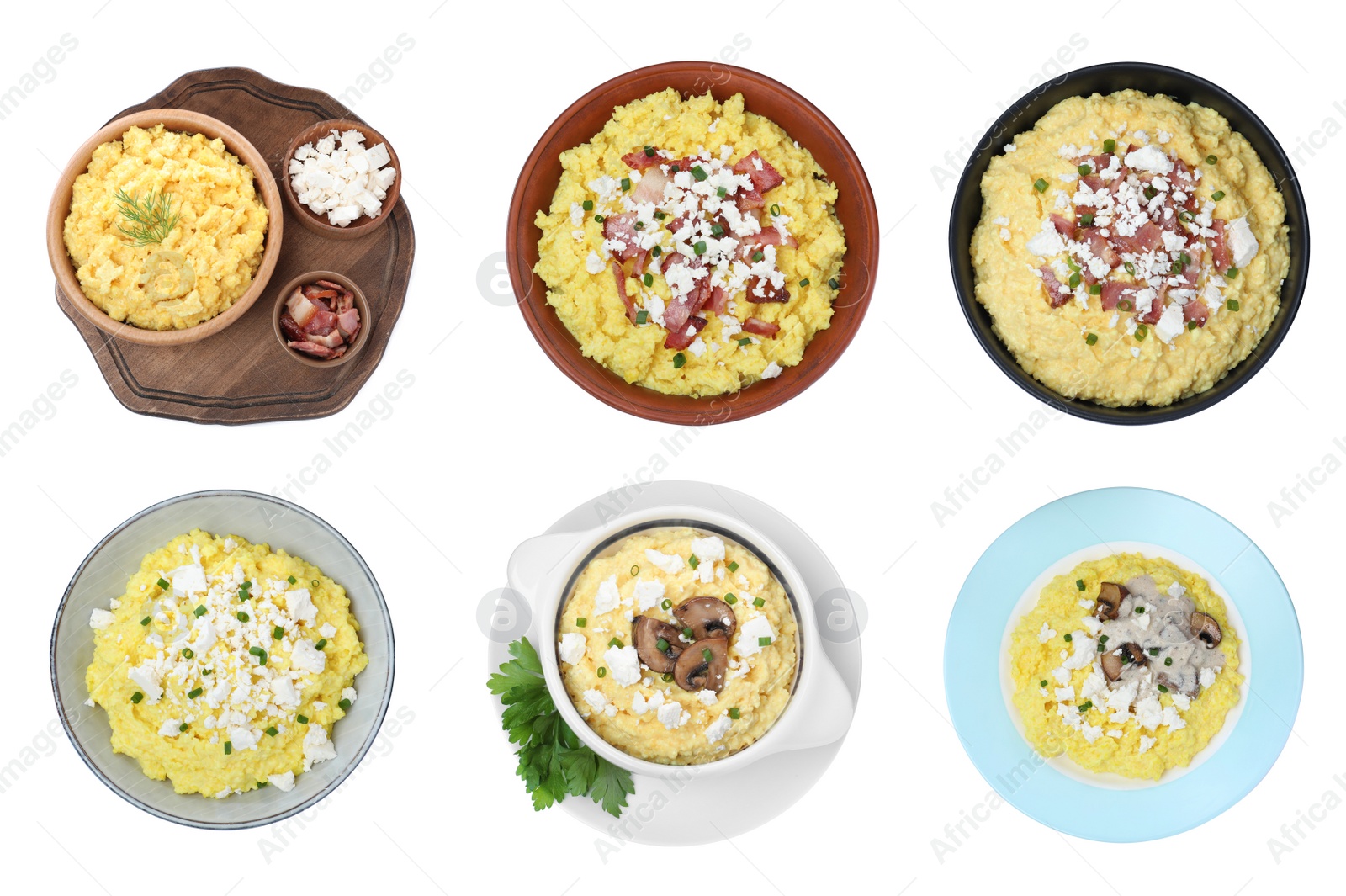 Set with delicious traditional banosh on white background, top view Image of Set with delicious traditional banosh on white background, top view