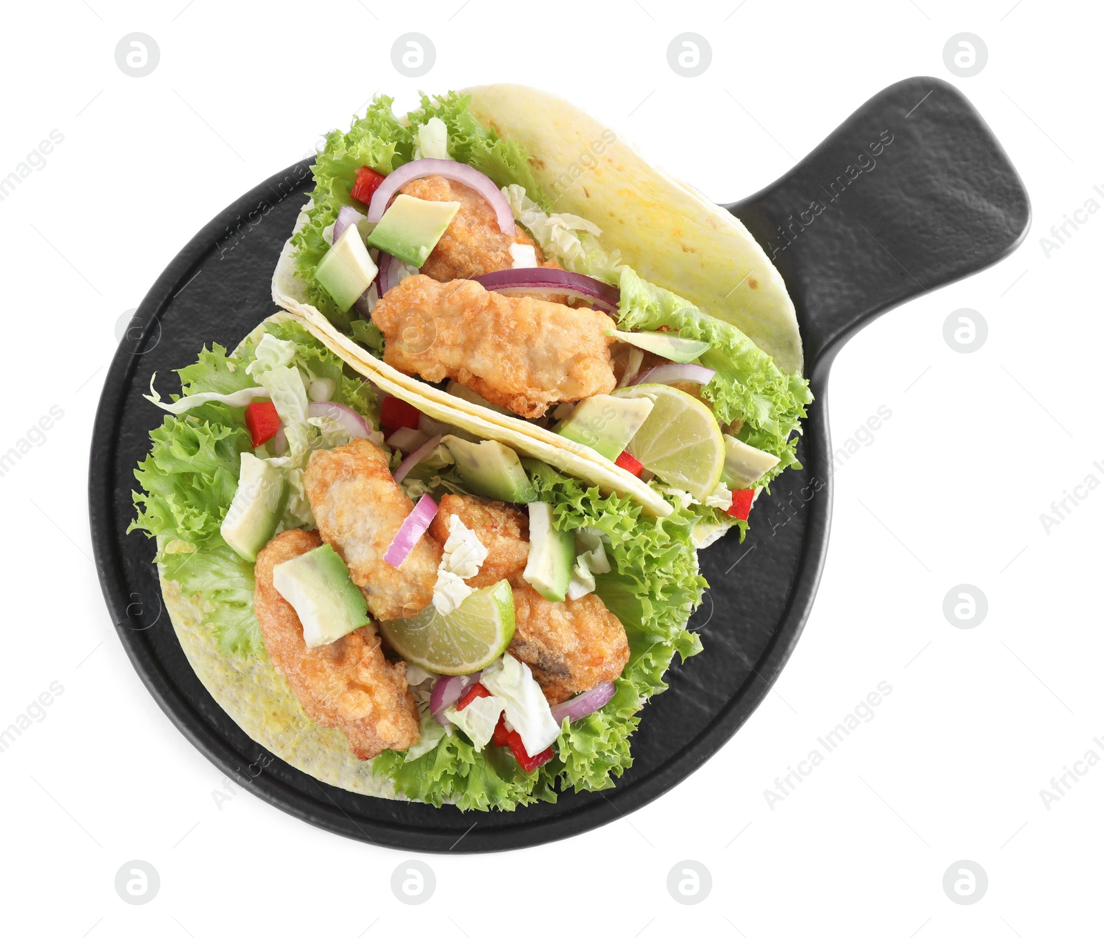 Delicious fish tacos isolated on white, top view Photo of Delicious fish tacos isolated on white, top view