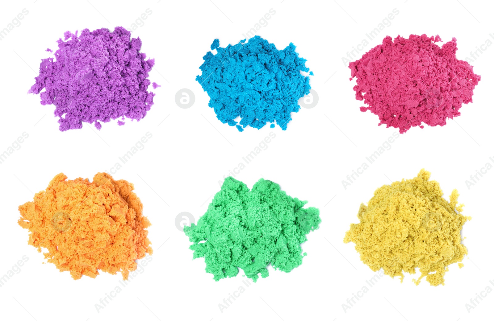 Set with piles of colorful kinetic sand on white background, top view Image of Set with piles of colorful kinetic sand on white background, top view