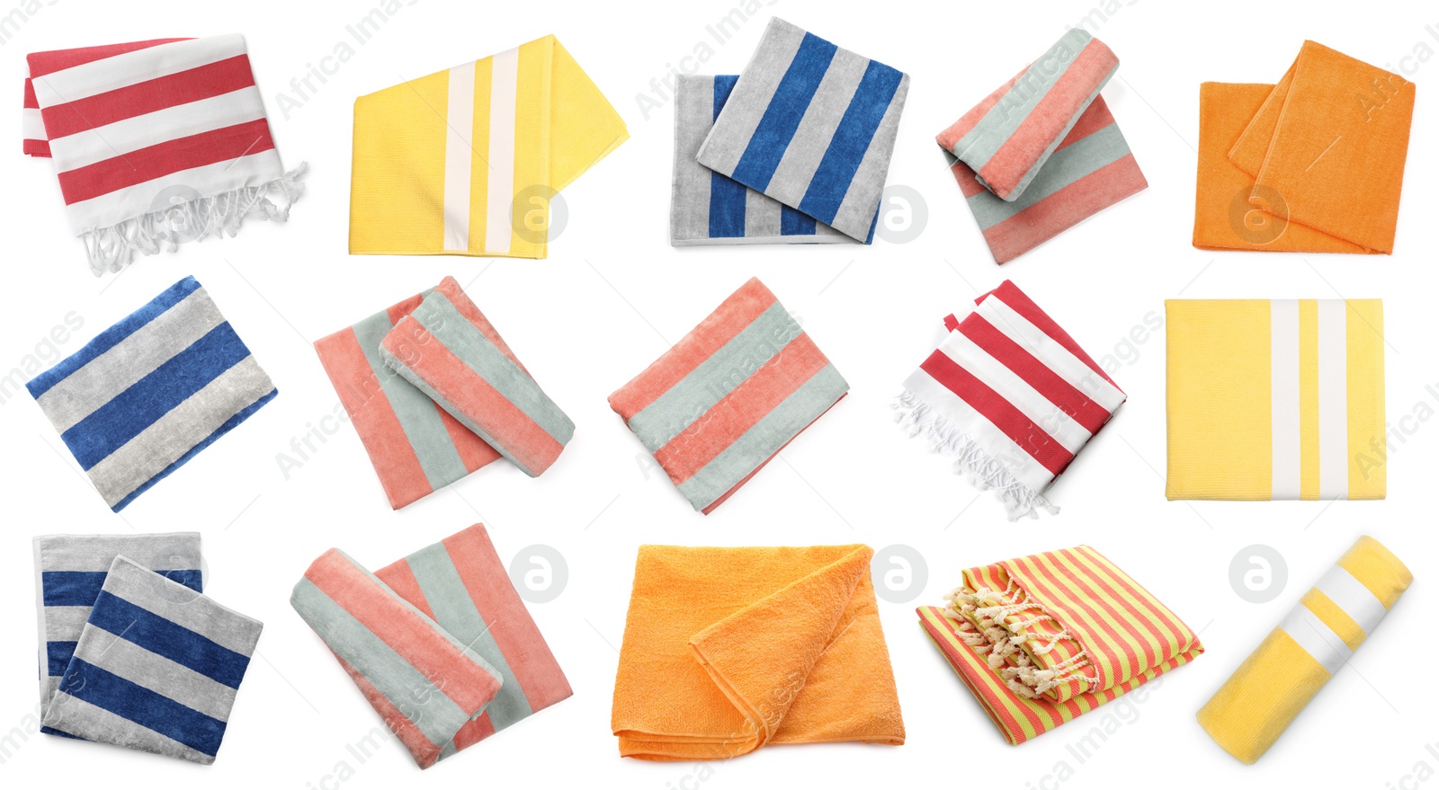 Set with different beach towels on white background Image of Set with different beach towels on white background