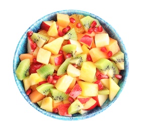 Bowl with fresh cut fruits on white background Photo of Bowl with fresh cut fruits on white background