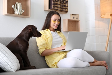 Young woman with eye patches working on laptop near her dog in living room. Home office concept Photo of Young woman with eye patches working on laptop near her dog in living room. Home office concept