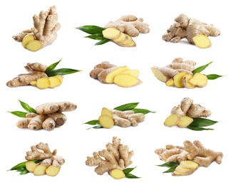 Image of Set of fresh aromatic ginger with green leaves on white background