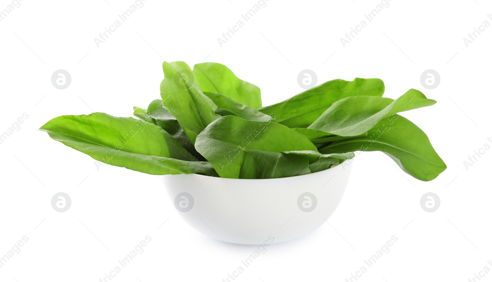 Fresh green sorrel leaves in bowl isolated on white Photo of Fresh green sorrel leaves in bowl isolated on white