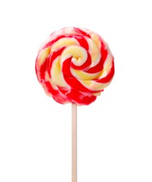 Stick with colorful lollipop swirl isolated on white Photo of Stick with colorful lollipop swirl isolated on white