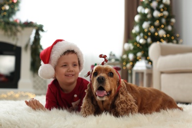 Cute little boy with English Cocker Spaniel in room decorated for Christmas Photo of Cute little boy with English Cocker Spaniel in room decorated for Christmas