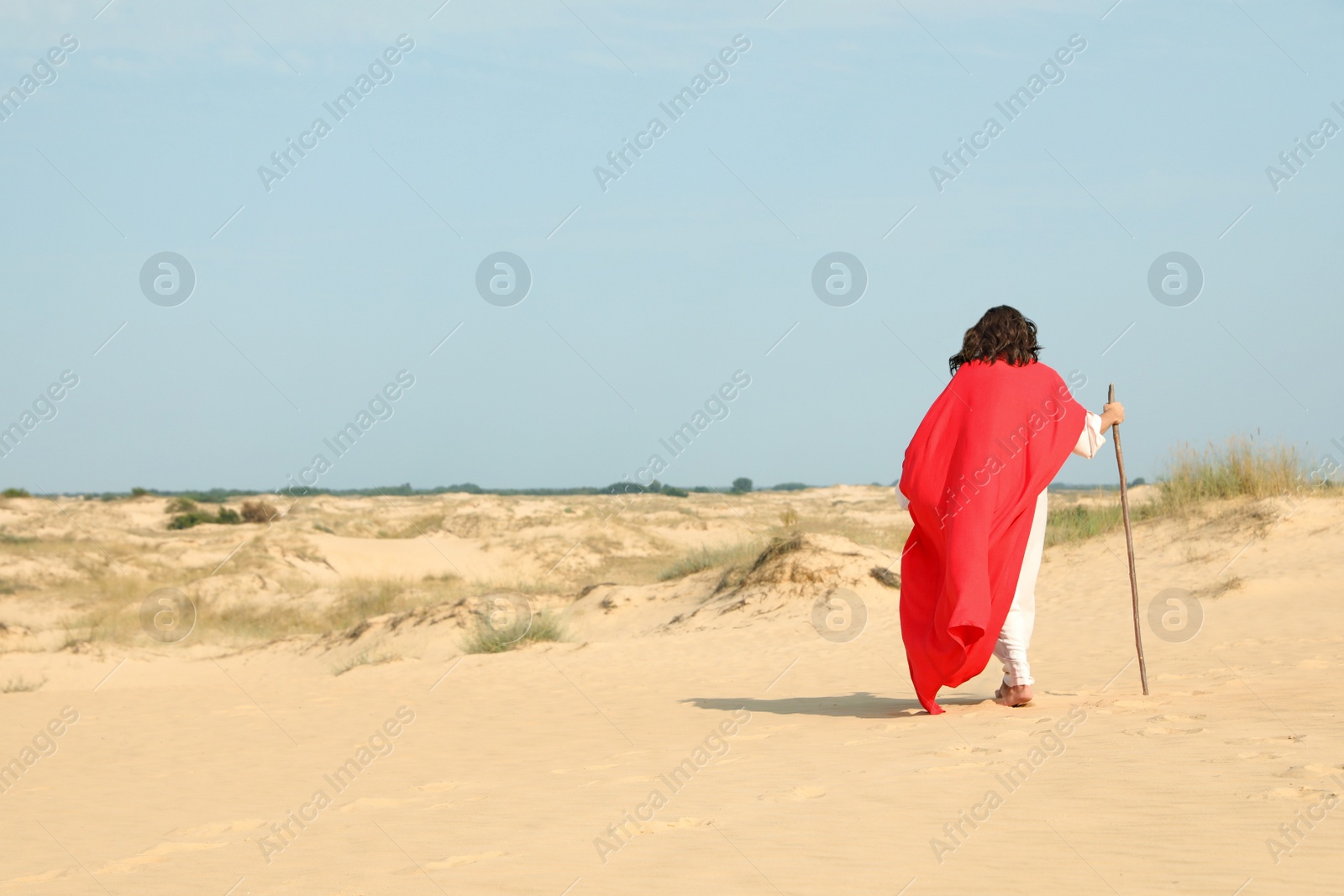 Jesus Christ walking with stick in desert, back view. Space for text Photo of Jesus Christ walking with stick in desert, back view. Space for text