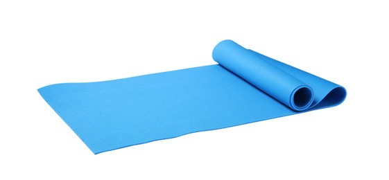 Light blue camping mat isolated on white Photo of Light blue camping mat isolated on white