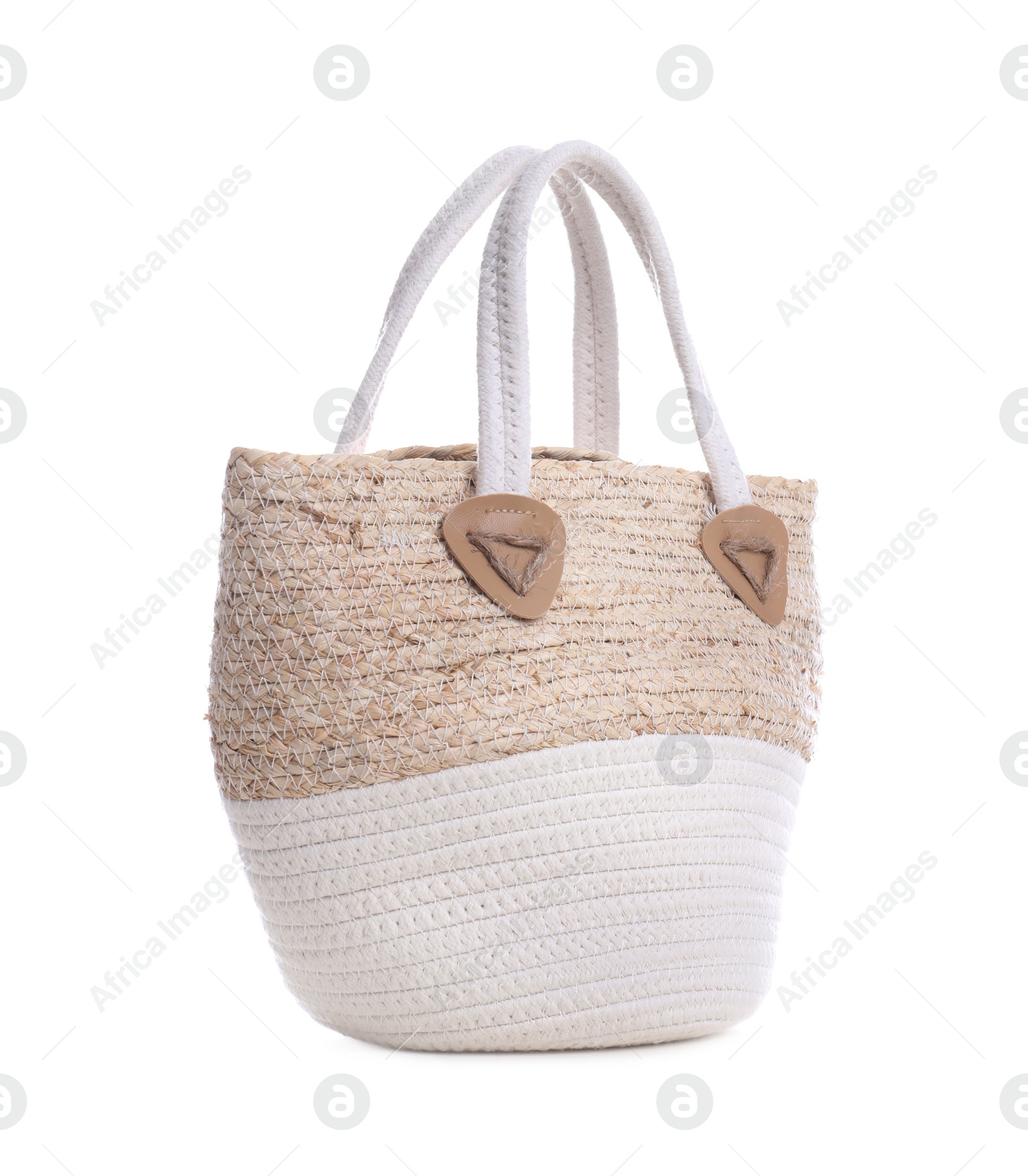 Photo of Stylish straw bag on white background. Summer accessory