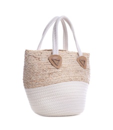 Stylish straw bag on white background. Summer accessory Photo of Stylish straw bag on white background. Summer accessory