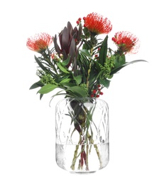 Vase with bouquet of beautiful protea flowers on white background Photo of Vase with bouquet of beautiful protea flowers on white background