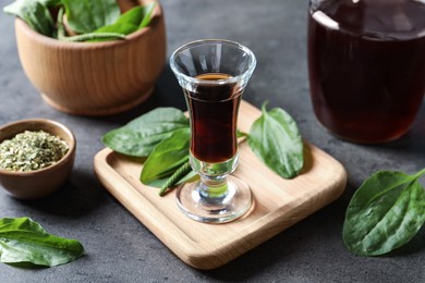 Glass of broadleaf plantain tincture on grey table Photo of Glass of broadleaf plantain tincture on grey table