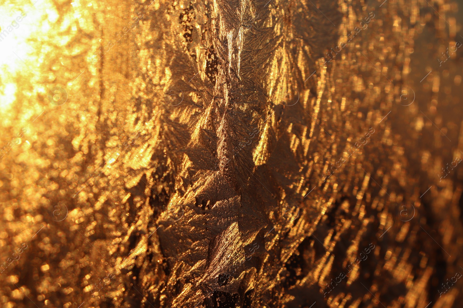 Photo of Beautiful frosty window as background, closeup. Winter morning