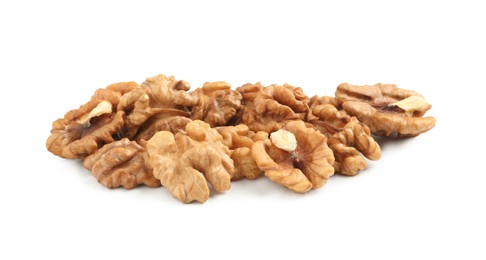 Pile of peeled walnuts on white background Photo of Pile of peeled walnuts on white background