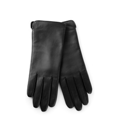 Stylish black leather gloves on white background, top view Photo of Stylish black leather gloves on white background, top view