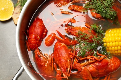 Fresh delicious crayfishes in pot on grey table, top view Photo of Fresh delicious crayfishes in pot on grey table, top view