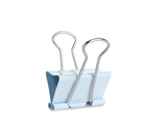 Photo of One binder clip isolated on white. Stationery item