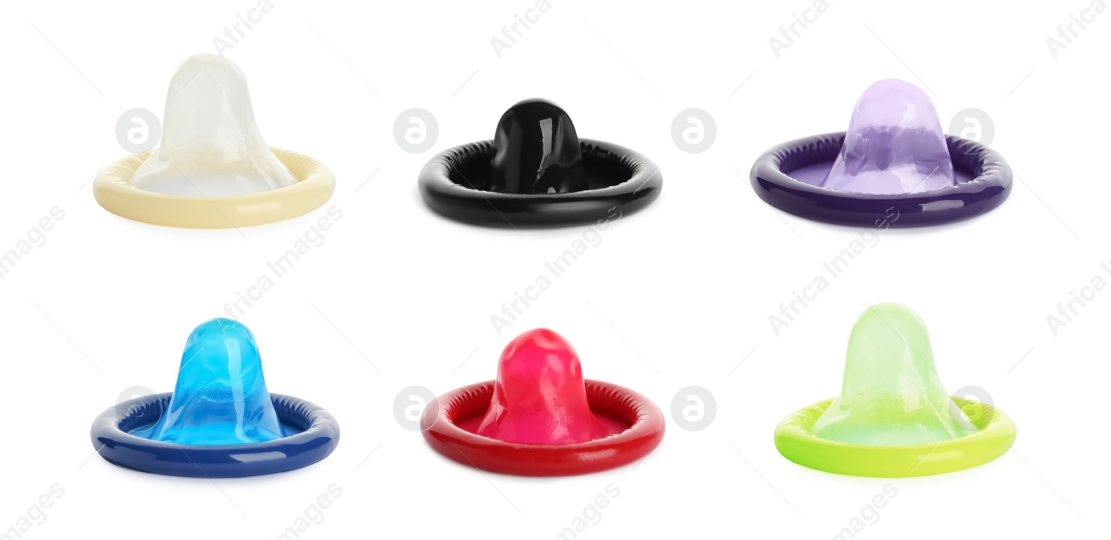 Set with different unpacked condoms on white background. Banner design Image of Set with different unpacked condoms on white background. Banner design