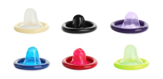 Set with different unpacked condoms on white background. Banner design Image of Set with different unpacked condoms on white background. Banner design