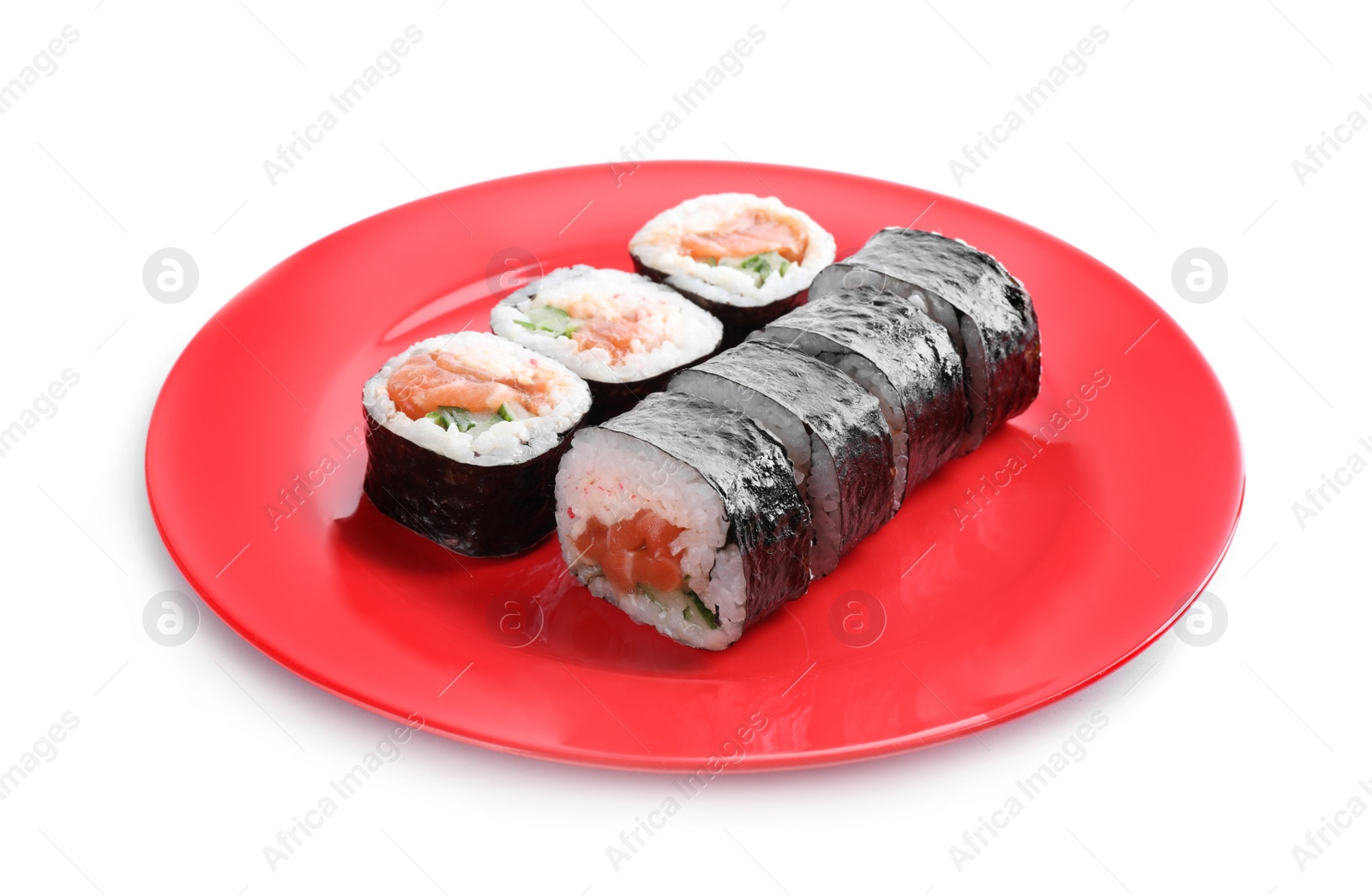 Tasty sushi rolls with salmon on white background Photo of Tasty sushi rolls with salmon on white background