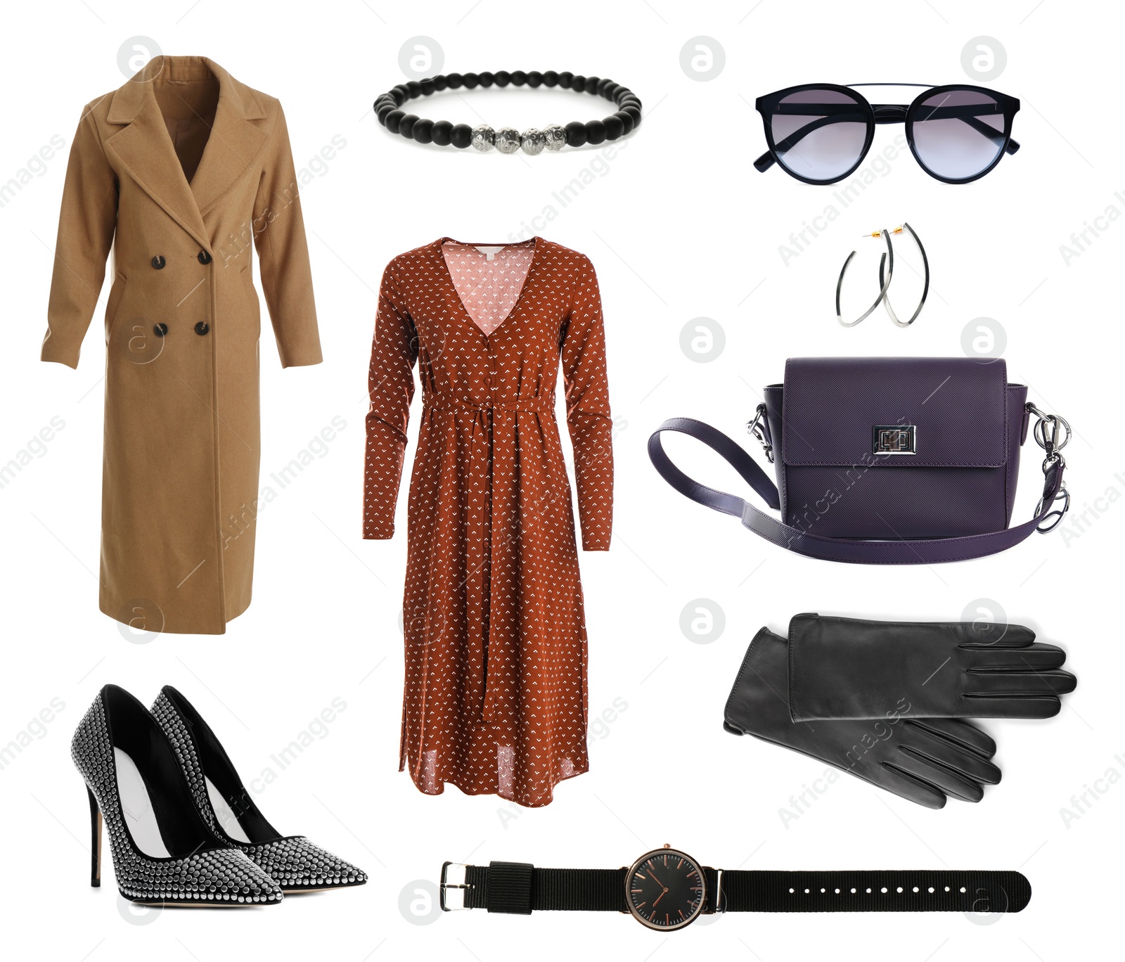 Stylish look. Collage with modern clothes, gloves and other accessories for woman on white background Image of Stylish look. Collage with modern clothes, gloves and other accessories for woman on white background