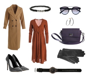 Stylish look. Collage with modern clothes, gloves and other accessories for woman on white background Image of Stylish look. Collage with modern clothes, gloves and other accessories for woman on white background