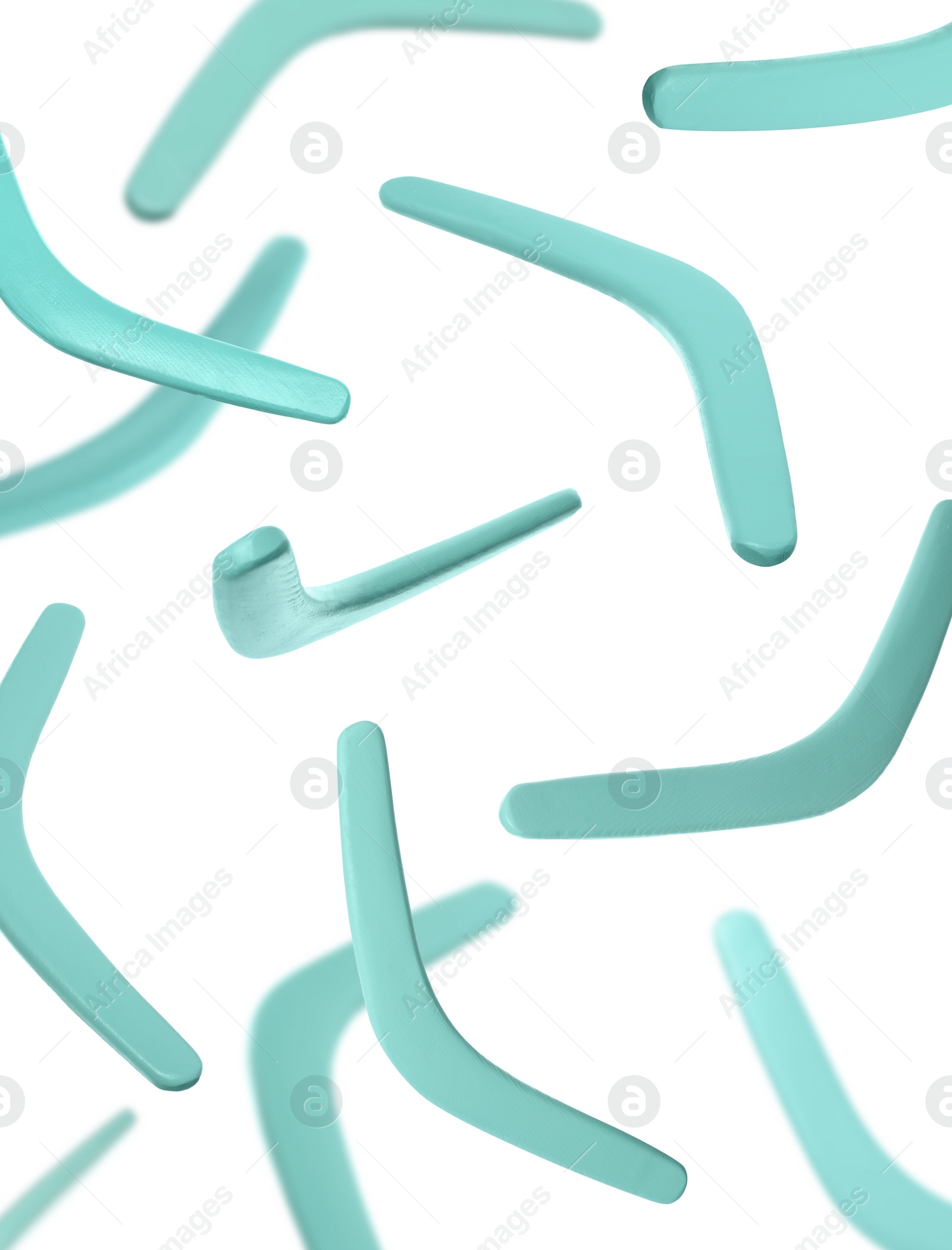 Many turquoise boomerangs falling on white background Image of Many turquoise boomerangs falling on white background